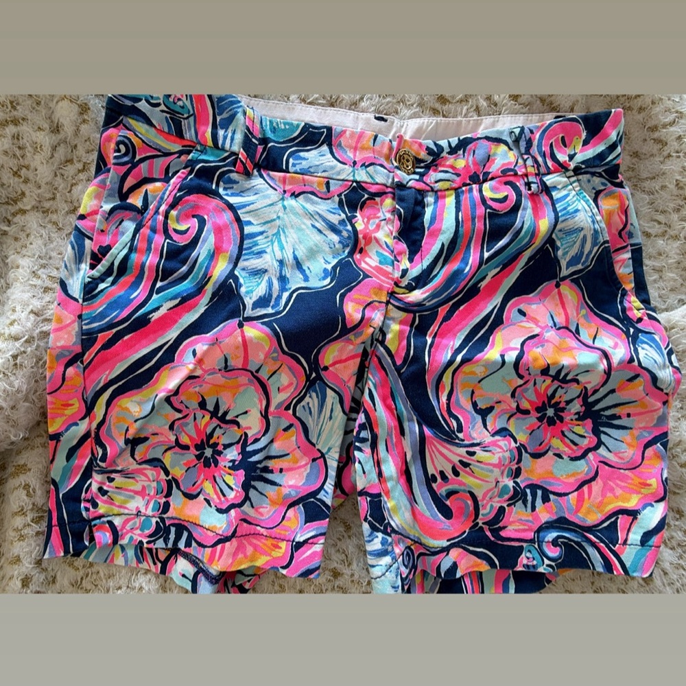 TWO Lilly Pulitzer Navy Floral Print Bermuda Shorts with Pink Accents & White